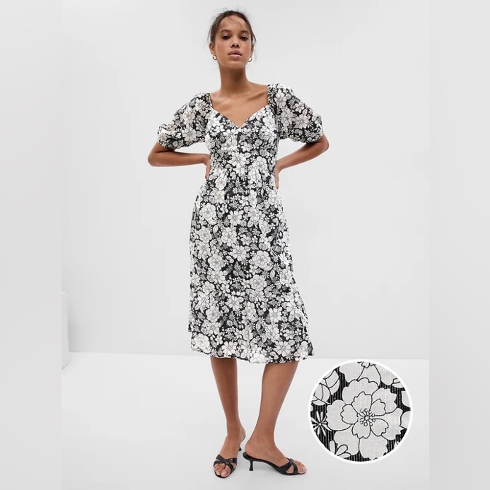 Gap Puff Sleeve Metallic black & white Floral Midi Dress